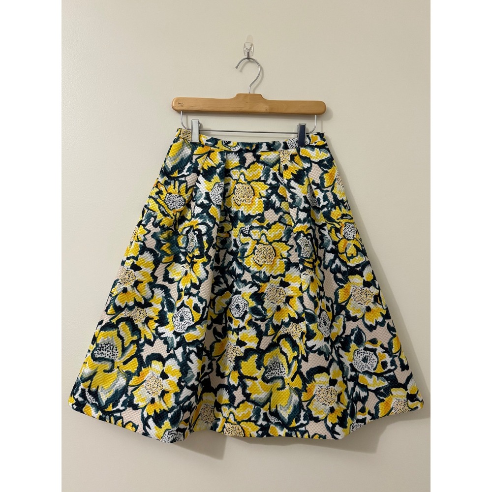 Yellow Floral Jacquard Skater Skirt Womens 6 Cottagecore Fit Flare Spring Retro - Picture 2 of 6